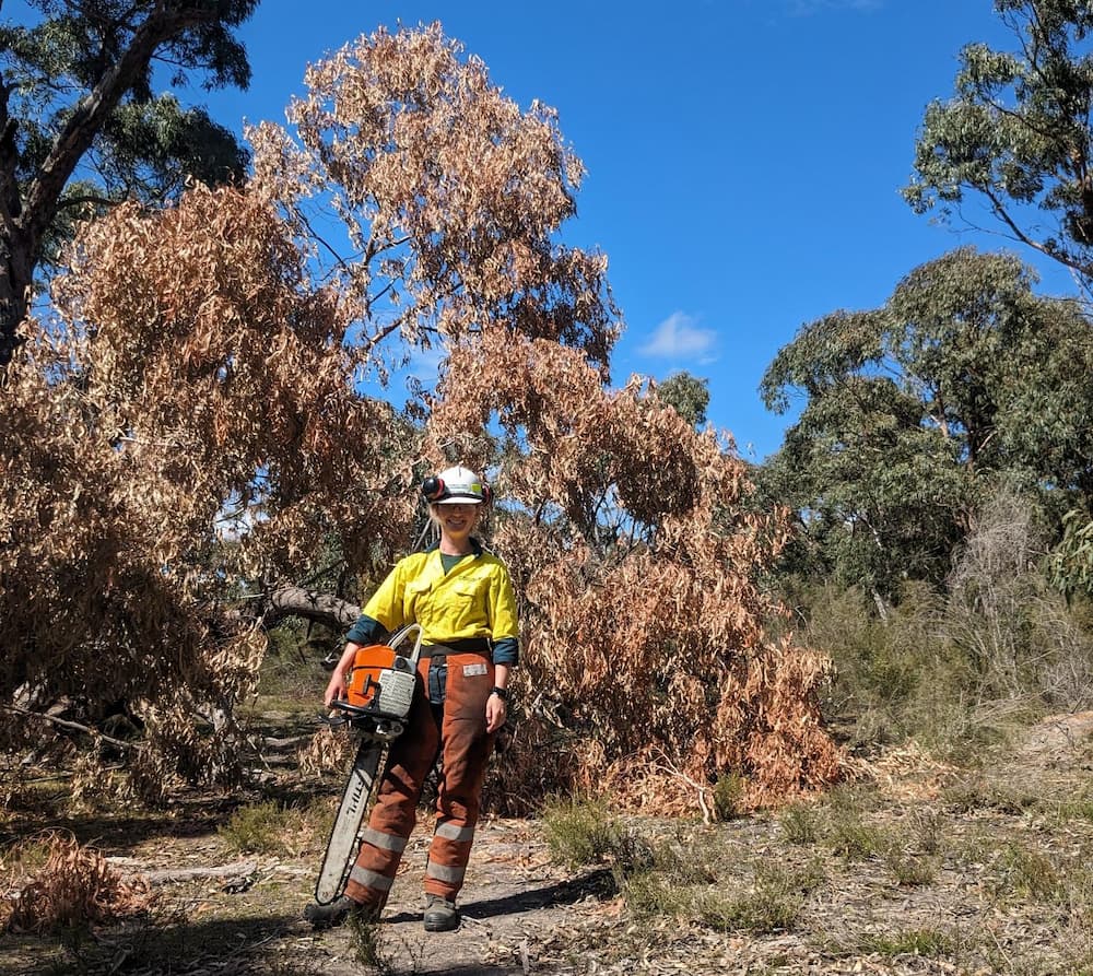 Jamie Brown removing fallen trees and other debris