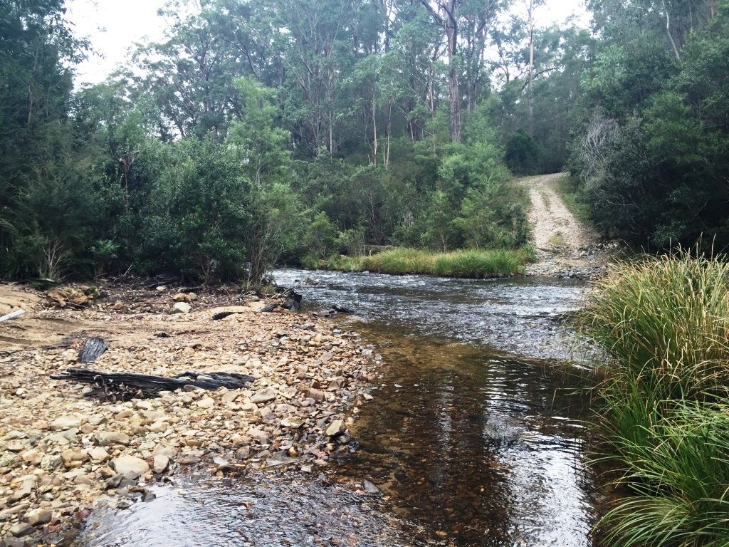 Image shows the old ford crossing at the Brodribb River. Tall trees and other vegetation is visible on both sides of the river. Large river pebbles are visible in the left of the shot, weith the shallow river crossing leading to a steep approach road on the other side of the river.