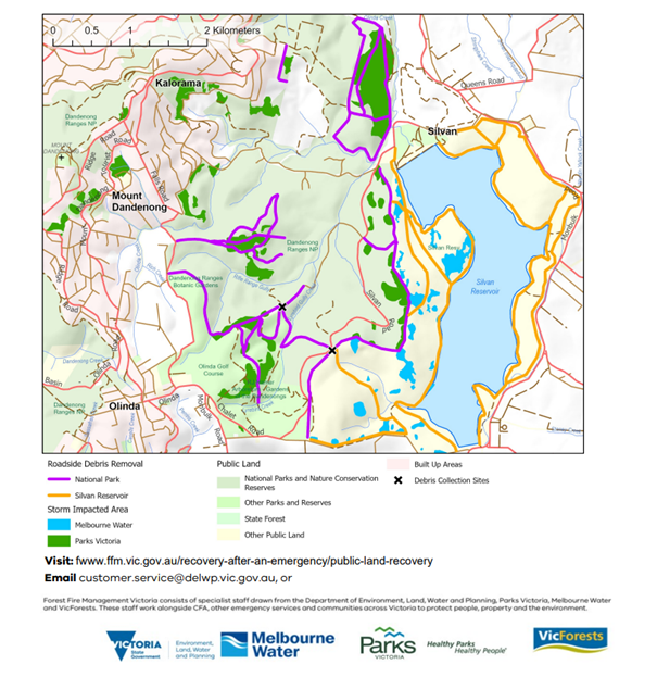 Map showing specific tracks in Dandenong Ranges National Park where storm debris will be collected