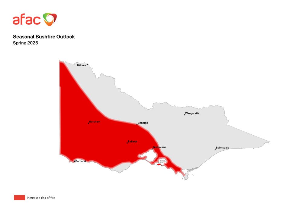 Map of Victoria with red shading showing areas at higher risk of bushfire in spring 2025