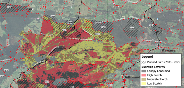 Map showing severity of Carlisle River bushfire in areas treated and not treated with fuel management