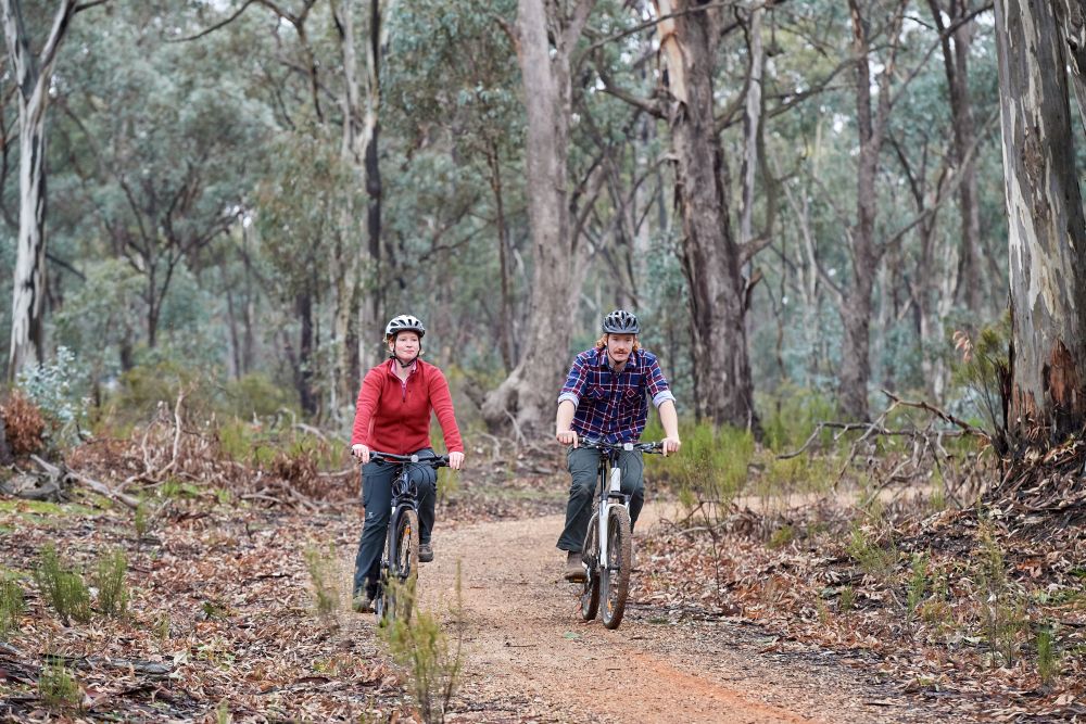 Two people riding bicycles in the Loddon Mallee region