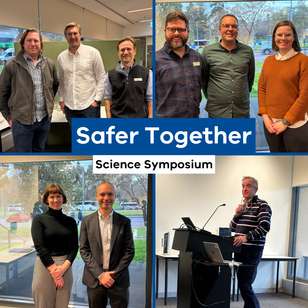 A collage of photos showing attendees at the Safer Together Symposium 2025, overlaid with the text 'Safer Together Science Symposium'