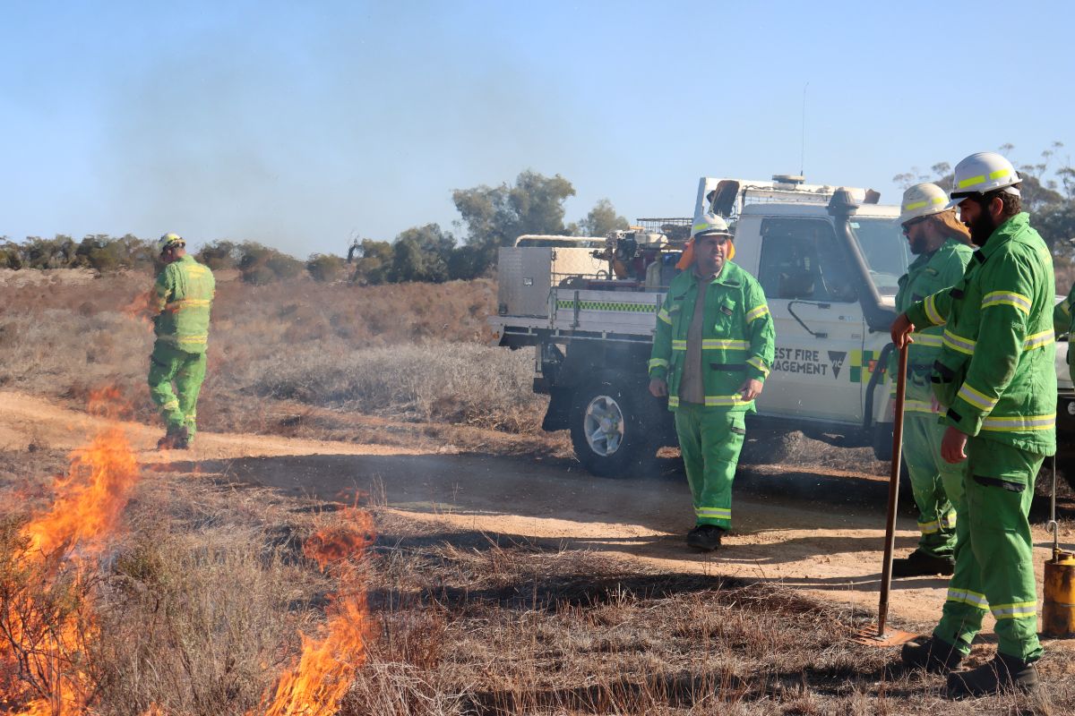 Members of the FPMM wearing the green uniform and watching the burn
